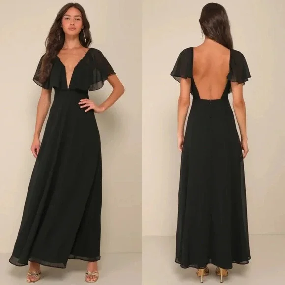 Lulus Stunning Demeanor Black Flutter Sleeve Backless Maxi Dress M Wedding - Picture 1 of 11